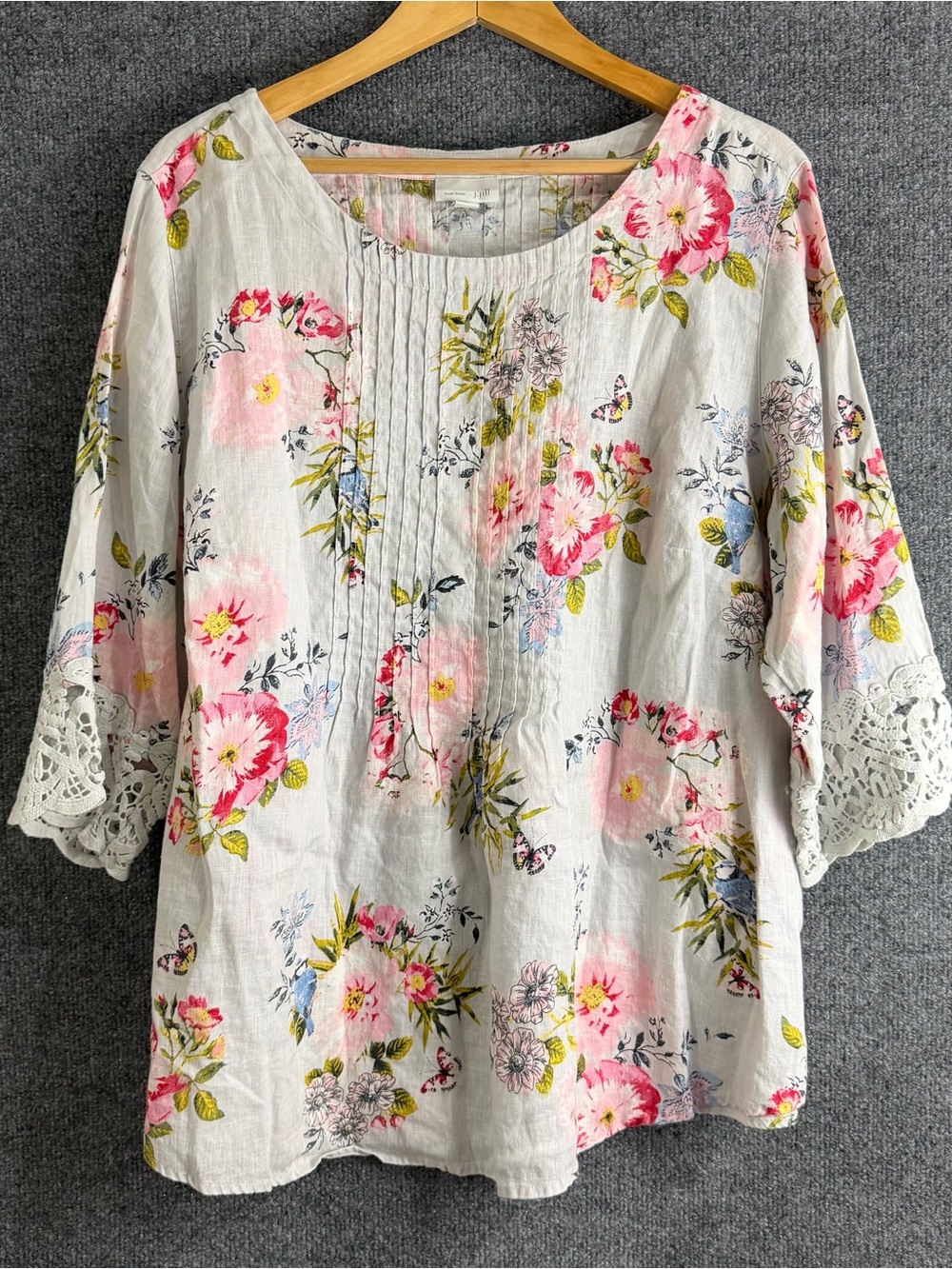 J Jill Womens 2X Linen Floral Butterfly Top Gray Pink  3/4 Sleeve Feminine